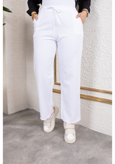 Nevayla Moda Beli Lastikli Keten Pantolon - Beyaz / A0104 Beyaz
