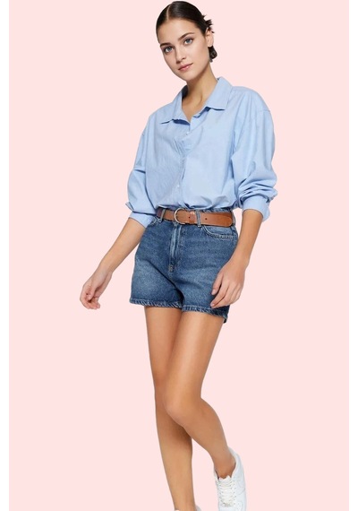 Ersefa Kadın Pamuklu Denim Şort City Short Kalıp Mom Siluet Rahat Günlük Koyu Mavi