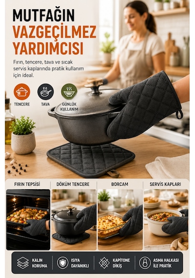 Antrasit Fırın Eldiveni Ve Tutacak Seti Isıya Dayanıklı Kapitone Mutfak Eldiveni Fırın Tutacağı Gri Renk.