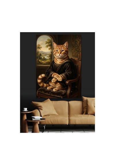 Mona Lisa Tarzı Soylu Kedi Yağlı Boya Dokulu Kanvas Tablo Canvas Tablosu