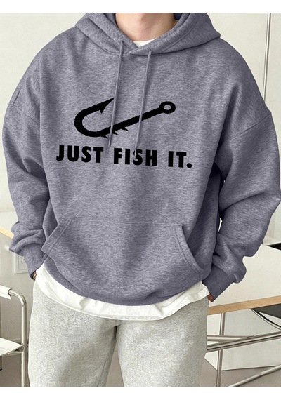 Startmore Tarzsokak Just Fish It Balık Kancası Desenli Baskılı Erkek Kapüşonlu Sweatshirt Moda Polar Sıcak Kazak Gri