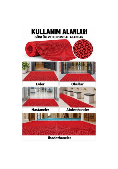 Hortumtech Zmat Yıldız Paspas Kaydırmaz Pvc Islak Zemin Duş Havuz Su Tahliyesi 5 Mm - Kırmızı 120 X 350 Cm