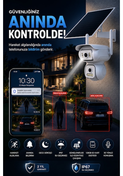 2 Kameralı 6mp Solar Panelli Aov Sürekli Kayıt Teknolojili Hareket Algılamalı Güvenlik Kamerası