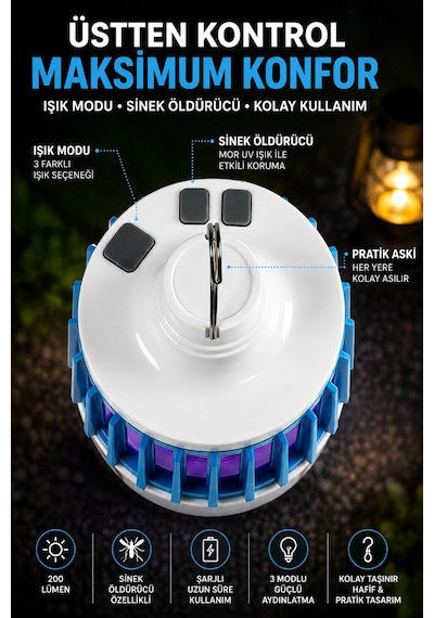 Şarjlı Usb'li Sinek Öldürücü Kamp Feneri 3 Modlu Led Kamp Lambası Taşınabilir Acil Aydınlatma
