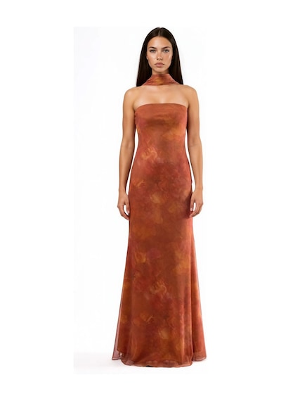 Hiccup Straplez Çiçek Desenli Tül Kuşaklı Bodycon Maxi Elbise Parlak Turuncu