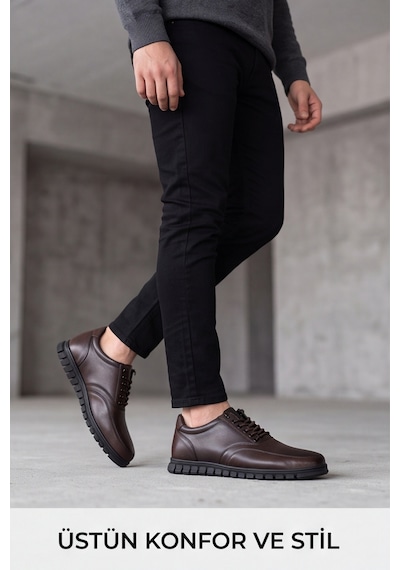 Brown Black Elastik Bağcıklı Esnek Hafif Taban Günlük Comfort Erkek Casual Klasik Ayakkabı Siyah - Kahverengi