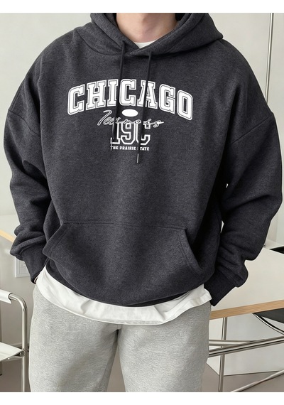 Startmore Startmorechicago Letter Yaratıcılık Baskılı Tişörtü Erkek Trendy Gevşek Spor Giyim Sıcak Temel Kapüşon Antrasit