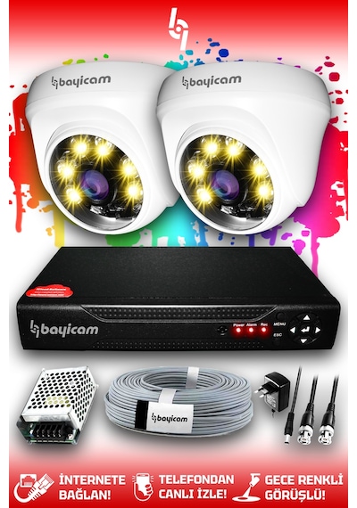 Bayicam 2 Kameralı Dome 2 İç Kamera Set HDD'siz Full HD Renkli Gece Görüşlü Güvenlik Kamerası Sistemi
