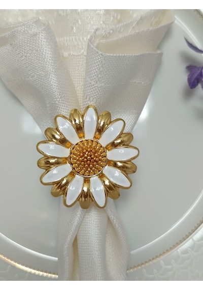 Parıltı Home Collection 6'lı Papatya Beyaz Mineli Gold Halka Peçete Yüzüğü Gold Beyaz