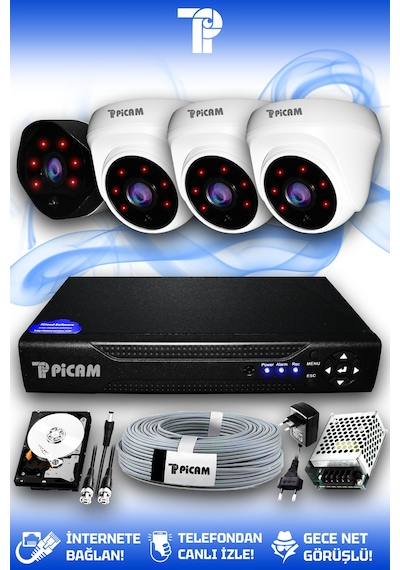 Picam 4 Kameralı Uzay 3 İç Kamera Set 320 GB HDD Full HD Gece Görüşlü Güvenlik Kamerası Sistemi