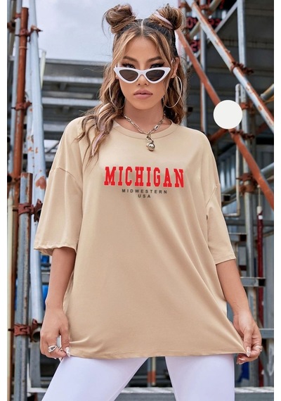 Unisex Michigan Baskılı T-shirt Bej