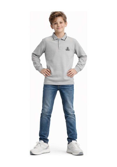 İrem Çocuk Giyim Erkek Çocuk Brooklyn Yazılı Polo Yaka Yakası Çizgi Desenli Gri Renk Polo Yaka Sweatshirt Gri