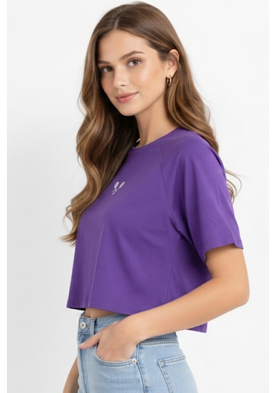 Soft&Basic Kadın Nakışlı Regular %100 Organik Pamuk Yuvarlak Yaka Kısa Crop T-shirt Mor