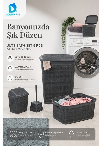 Jute Çeyiz Seti 5 Li Plastik Banyo Mutfak Dolap İçi Düzenleyici Sepet Çöp Kovası Klozet Fırçası Seti Siyah