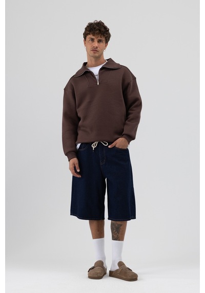 Vamos Basic Fermuarlı Dik Yaka Sweatshirt Kahve