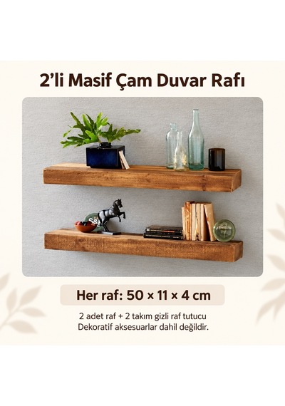 BK Home Masif Çam 2’li Gizli Montaj Duvar Rafı 50 x 11 x 4 cm