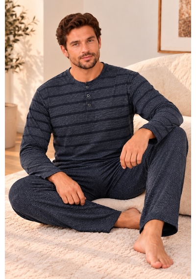 Nisanca Büyük Beden Premium Soft Erkek Pijama Takımı Yumuşacık Dokulu Uzun Kollu Düğmeli Yaka Çizgili Kışlık Pijama Lacivert