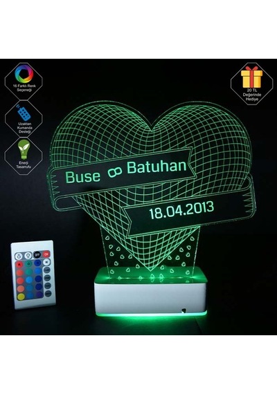 Sevgiliye Hediye Kalp & Isim & Tarih 3D Led Tasarım Lamba