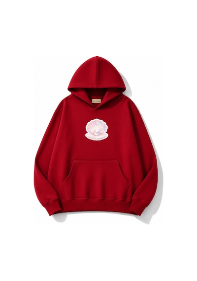 Herkesemoda İnci Baskılı Kapüşonlu 2 İplik Şardonlu Sweatshirt Kırmızı