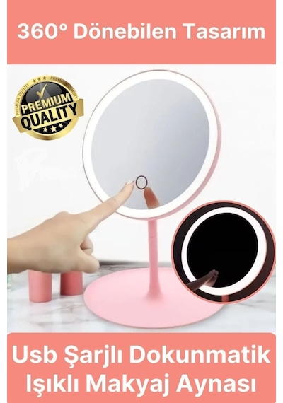 Işıklı Dokunmatik Makyaj Aynası Pembe & Beyaz 3 Kademeli Işık Ayarı 360 10669 Çok Renkli