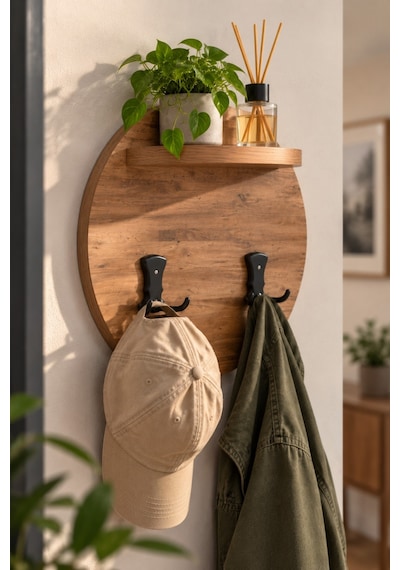 Sulorahome Ceviz Desenli Duvar Askılığı Ve Mini Raf Ünitesi