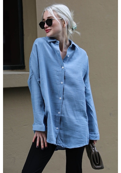 Madmext Mavi Muslin Kumaş Basic Kadın Gömlek Mg1660-mavi Mavi