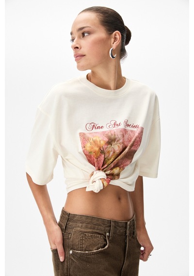 Grımelange Olende Kadın Relaxed Fit Baskılı Yuvarlak Yakalı Ekru T-shirt