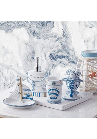 Collection Dekoratif Güzel Tasarımlar Banyo Dekoru, Reçine, Plaj Yaşamı, 4 Parça Set 000 Açık Krem