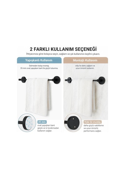 Lotus Siyah Uzun Havluluk, Yapışkanlı Ve Vidalı Montajlı Havlu Askısı, Mat Siyah Statik Boyama, 35 Mm Oval Bantl Diğer