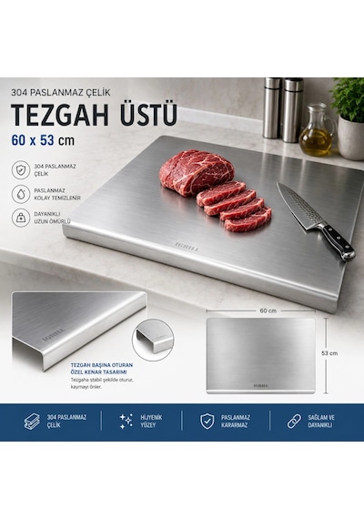 Igrıll Tezgah Üstü Kesme Tahtası 304 Paslanmaz Çelik 60x53cm Et Doğrama Ve Mutfak Hazırlık Panosu Gri