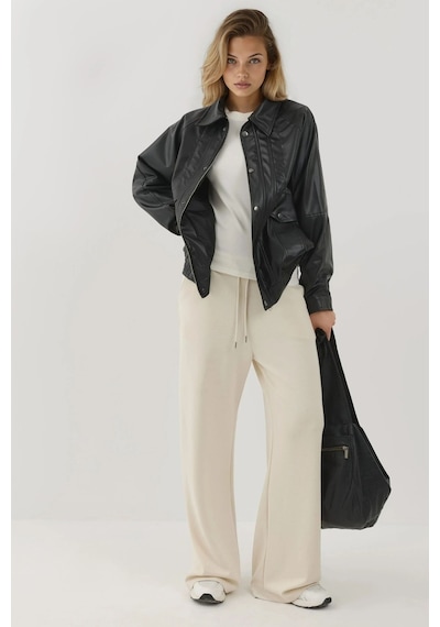 Hiccup Cep Detaylı Oversized Suni Deri Ceket Siyah