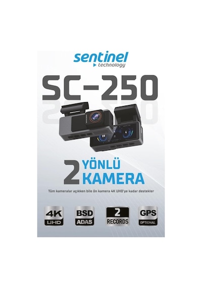 Sentinel Sc-250 4k Uhd Araç İçi Kamera Adas & Bsd, Wi-fi, Gps Opsiyonel, 170 Geniş Açı, 24 Saat Park Modu