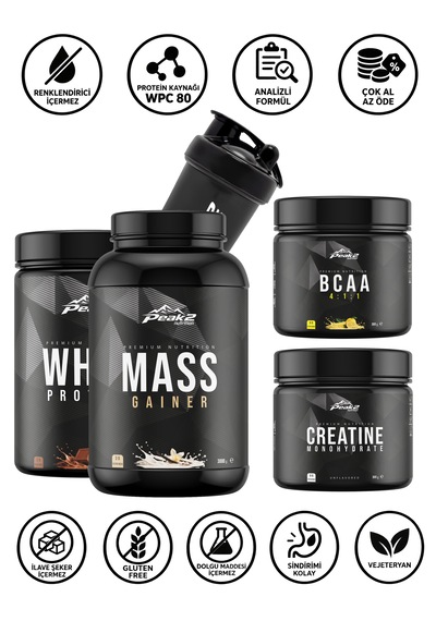 Full Paket 1: Whey Protein 500 Gr Çikolata + Bcaa 300 Gr Limon + Mass Gainer 3 Kg Vanilya + Kreatin Monohidrat 300 Gr Aromasız + Shaker Çikolatalı
