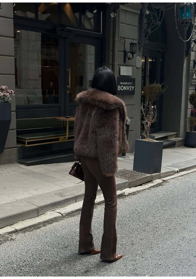 Glammoss L'atelier Kabarık Yaka Kürk Ceket Glm-579 Kahverengi Kahverengi