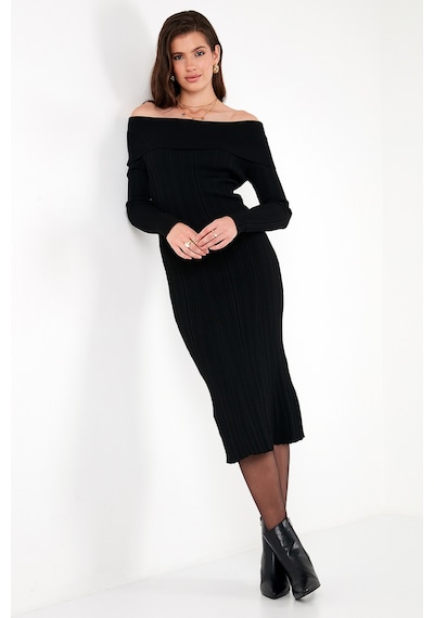 Lela Premium Fitilli Carmen Yaka Slim Fit Midi Boy Triko Bayan Elbise 680El00033 Siyah Lela Premium Fitilli Carmen Yaka Slim Fit Midi Boy Triko Bayan Elbise 680El00033 Siyah