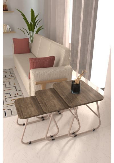 Vilinze Zigana Çok Amaçlı Vizon Metal Ayak 3'lü Kestane Mdf Zigon Sehpa Vizon-kestane