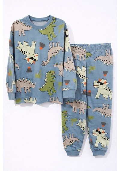 Mini Stella Kids Mavi Dinozor Desenli Erkek Çocuk Pijama Takımı