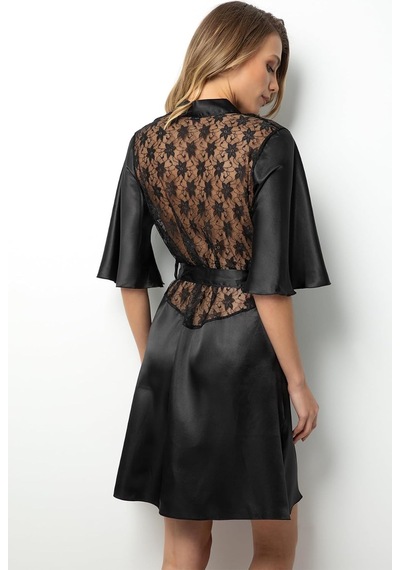 Sırtı Dantelli Saten Sabahlık,90380 Rollback Altın - Siyah