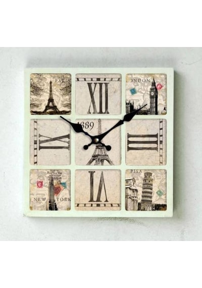 Saatler-MB KARE AVRUPA ŞEHİRLERİ TEMALI DUVAR SAATİ-30x30 cm Çok Renkli