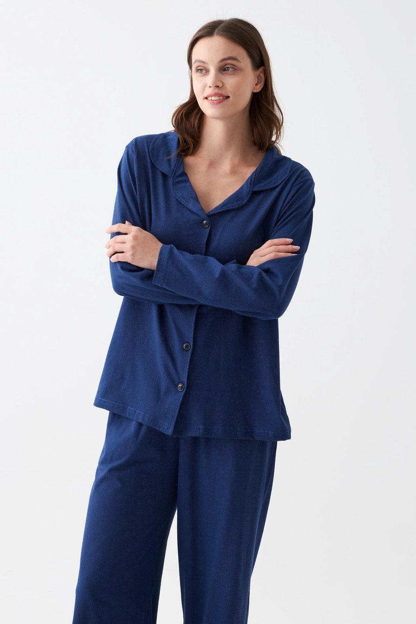 Akbeniz Kadın Lacivert Düğmeli Yaka Detaylı Pamuklu Pijama Takımı Lacivert