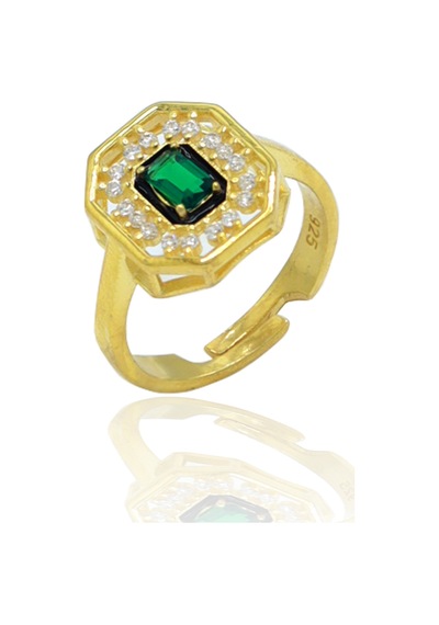 Zümrüt Taşlı Sekizgen Model Gold Kaplama 925 Ayar Gümüş Üçlü Set 201024003 Gold