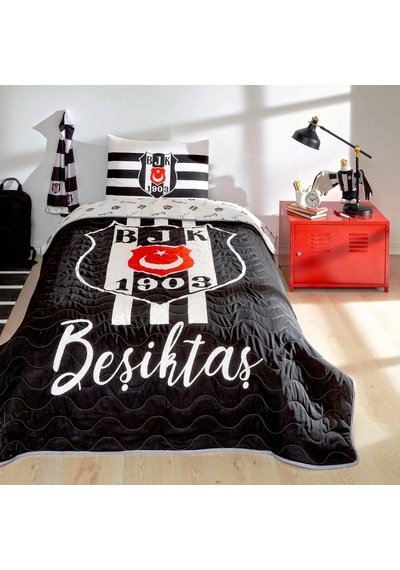 Taç Lisanslı Tek Kiş Yatak Örtüsü Seti 160x230 -beşiktaş Stripe Siyah - Beyaz