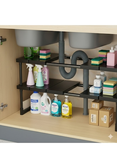 Plastik Genişletilebilir Raf Ayarlanabilir Düzenleyici Mutfak Banyo Düzenleyici - Çift Katlı - Siyah