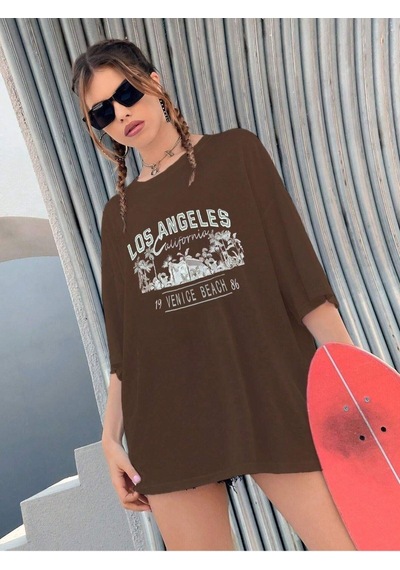 Flood Of Style Kadın Kahverengi Los Angeles Oversize Bisiklet Yaka Tshirt