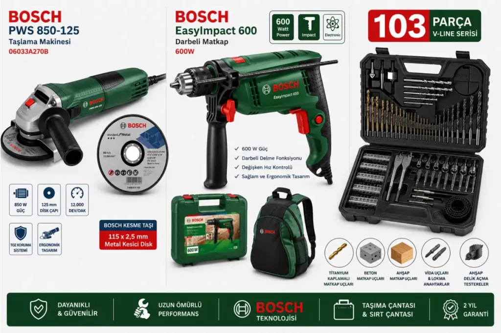 Bosch EasyImpact 600 600W Darbeli Matkap + PWS 850-125 850W Avuç Taşlama + 103 Parça V-line Aksesuar Seti + Metal Kesme Diski + Çanta