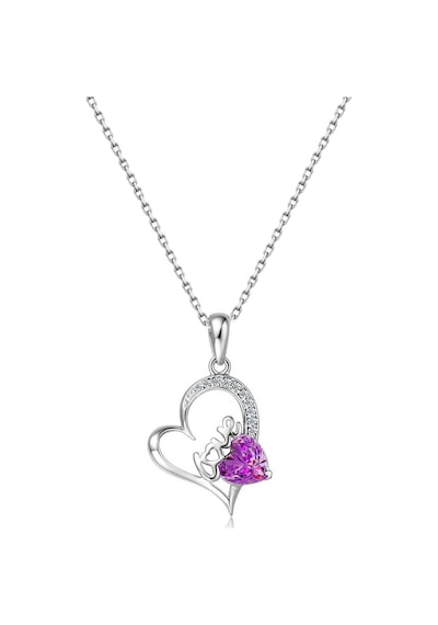 Brezza Lusso Jewelry Gümüş Love Yazılı Mor Zirkon Taşlı Kalp Kadın Gümüş Kolye 45 CM