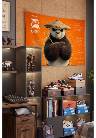 Kung Fu Panda Po Usta Savaşçı Turuncu Dekoratif Duvar Örtüsü Duvar Halısı Beyaz
