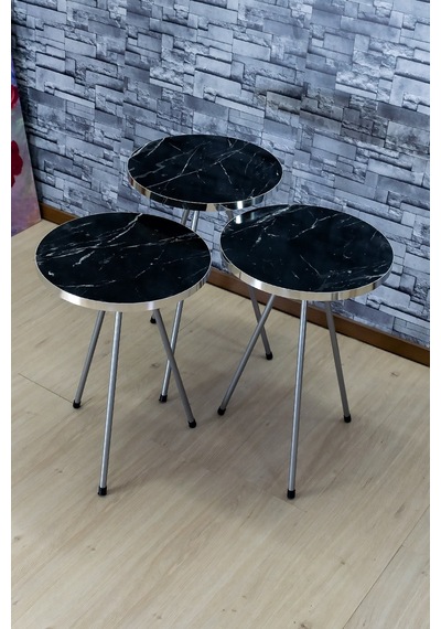 Zigon Sehpa 3'lü Gümüş Metal Ayak Gümüş Bendir