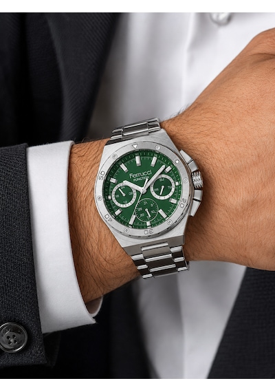 Ferrucci Fc80866 Spor Model Fonksiyonlu Çelik Kordon Ve Kasa Erkek Kol Saati Gümüş - Yeşil