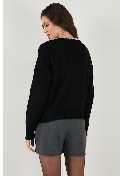 Lela Premium Boncuk Ve Fiyonk Detaylı Regular Fit V Yaka Triko Bayan Hırka 680Hi00180 Siyah